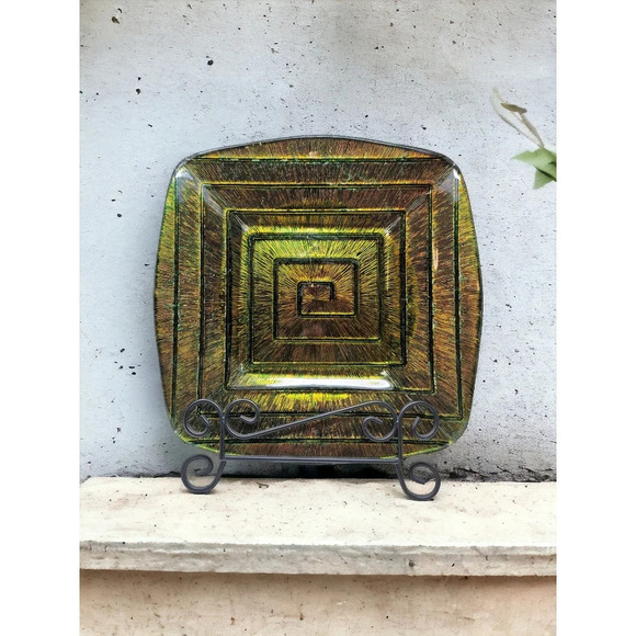 Vintage Mid Century Decorative Reverse Painted Metallic Gold/Green Plate - Picture 2 of 11